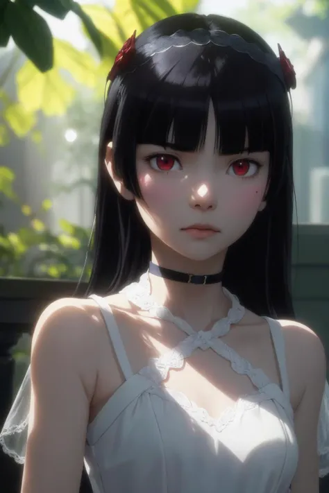 ((picture perfect)), fashion photography portrait of cute girl with jet black hair, ruri gokou, choker, adorable, frowning, red eyes, BREAK pale and smooth skin, hairband, 3d render, cgi, octane render, 35mm, bokeh, 9:16, (intricate details, hyperdetailed:1.15), detailed, sunlight passing through hair, (hyperrealism, soft light, dramatic light, sharp, HDR) <lora:ruri:0.9> <lora:beautifuldetailedeyes:0.35>