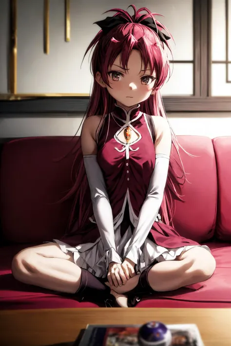 (masterpiece), best quality, (((ultra detailed, 8k quality))), expressive eyes, perfect face, perfect anatomy, perfect body, scene, <lora:scene_:0.7>, <lora:more_details:0.7>, <lora:beautiful_detailed_eyes:0.5>, 1girl, looking at viewer, <lora:kyouko-madomagi-01:0.8>, kyouko sakura, magical girl, sitting, sofa, living room, indoors,