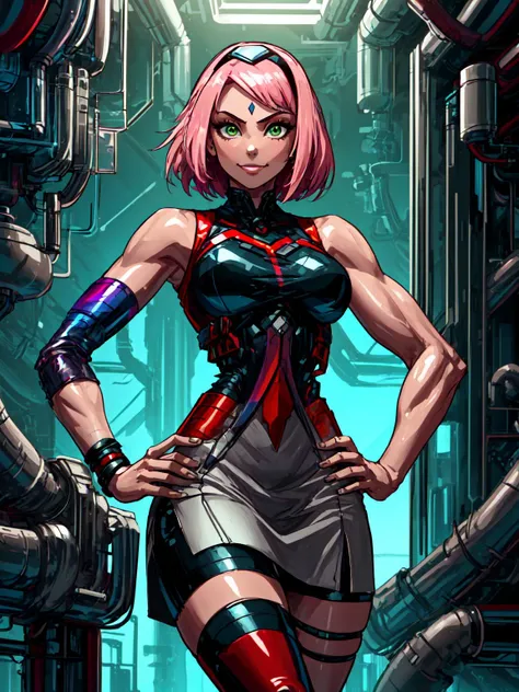 best quality,<lora:add_detail:0.3>, (1girl, solo, adult female, mature female), <lora:detailed_eyes:1>, <lora:concept_goodHands:1>, 
 <lora:style_pastTech_(plasttech--synthetic--scifi):0.9>, plasttech, synthetic, scifi, 
<lora:character_harunoSakuraNaruto_lykon:0.65>, pink hair, green eyes, plasttech forehead mark, plasttech shirt, plasttech skirt, smile, hands on hips, looking at viewer, [muscular, biceps], leg muscles, thigh muscles,  plasttech forehead protector