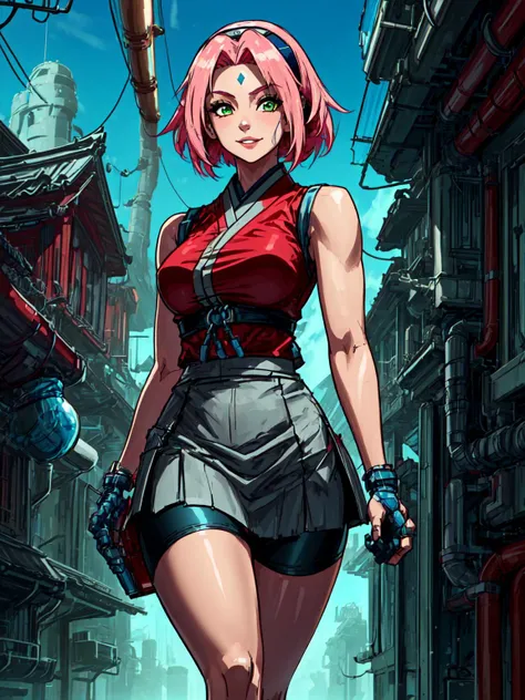 best quality,<lora:add_detail:0.3>, (1girl, solo, adult female, mature female), <lora:detailed_eyes:1>, <lora:concept_goodHands:1>, 
 <lora:style_pastTech_(plasttech--synthetic--scifi):0.9>, plasttech, synthetic, scifi, 
<lora:character_harunoSakuraNaruto_lykon:0.65>, pink hair, green eyes, plasttech forehead mark, plasttech shirt, red shirt, plasttech skirt, smile, parted lips, looking at viewer, [muscular, biceps], leg muscles, thigh muscles,  plasttech forehead protector,
(plasttech japanese village, synthetic japanese village), walking, sakura haruno, blue sky,