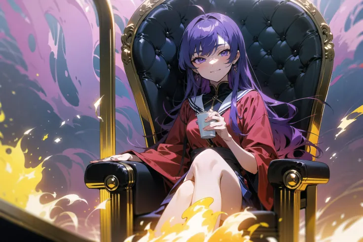 <lora:beautifulDetailedEyes_v10:0.5>, <lyco:vividImpactfulStyleYoneyamaMai_v40hLocon:0.3>, (masterpiece), anime girl sitting on the chair and everywhere on fire, smug face, holding a cup, purple hair, long hair, purple eyes,