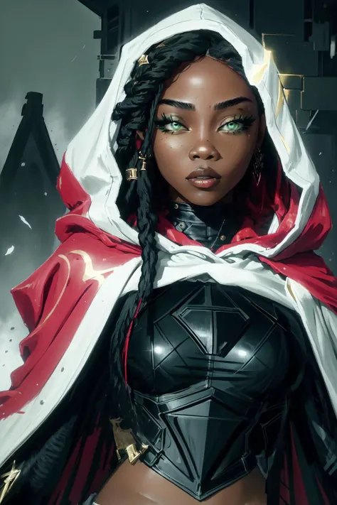 best quality, intricate details,
1girl, <lora:sennaLeagueOfLegends_v10:0.8> senna \(league of legends\), 1girl, dark-skinned female, dreadlocks, hooded cape, green eyes, solo, detailed face, ultra detailed eyes, looking at viewer, cowboy shot, upper body, lich, necromancer, undead, brightness, light rays, 
 <lora:egirlAesthetic_v10:0.8> <lora:beautifulDetailedEyes_v10:0.8>