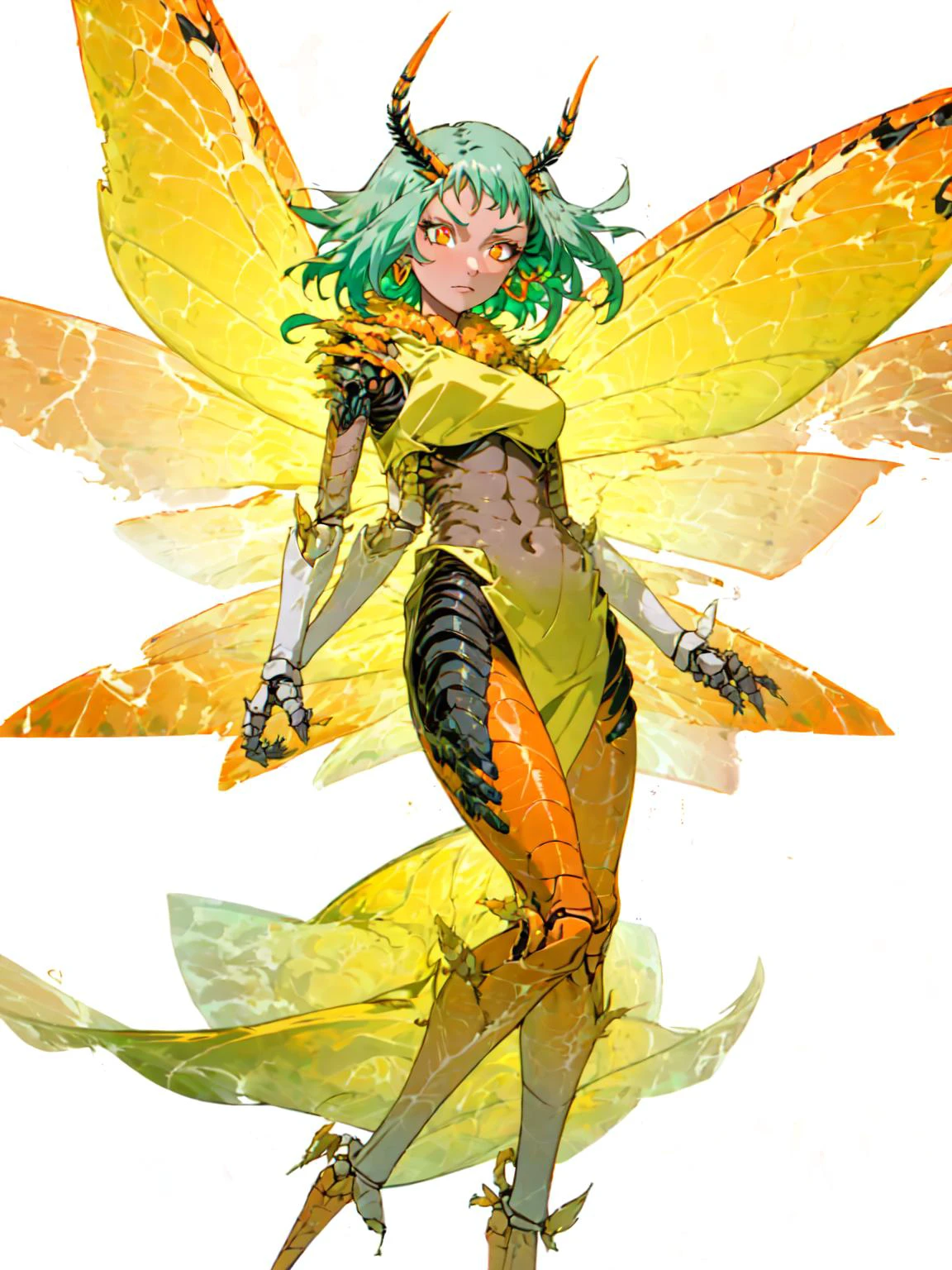 best quality,<lora:add_detail:0.3>, (1girl, solo, adult female, mature female), <lora:concept_goodHands:1>, <lora:detailed_eyes:1>,
<lora:concept_mothGirl_(moth woman--insect wings--antennae--extra arms):1>, moth woman, insect wings, (insect horns:1.2, horns:1.2, extra arms:1.3, mechanical arms), (insect joints:1.3, chitin:1.3),
<lora:character_fuuFNarutoShippuden_v20:0.9>, fuu, green hair, orange eyes, orange fur, tan skin,
