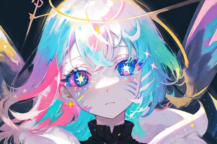 close-up, watercolor, vibrant, pastel, bright glowing pupils, big eyes, eyes, ((starry pupils)),  marks on face, face tattoos, scars, contrast, high contrast, dark streaks, <lora:beautifulDetailedEyes_v10:0.6>