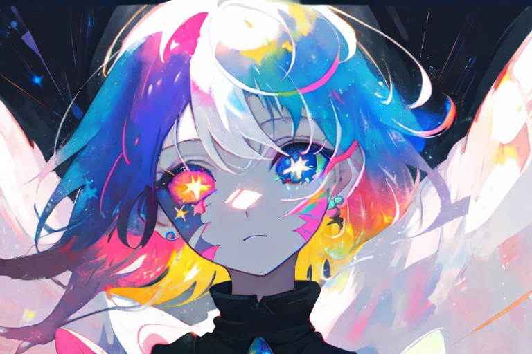 close-up, watercolor, vibrant, pastel, bright glowing pupils, big eyes, eyes, ((starry pupils)), marks on face, face tattoos, scars, contrast, high contrast, dark streaks, <lora:beautifulDetailedEyes_v10:0.6>