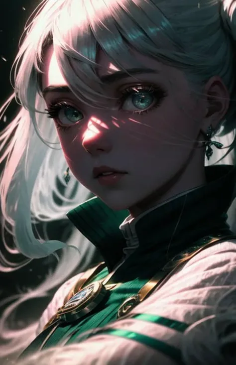 masterpiece, best quality, ultra-detailed, illustration, 1girl, cirilla, white hair, tied in ponytail,emerald green eyes, (close-up:0.5), straight on, face focus , highly detailed skin, standing, ), looking at viewer, black eyeliner, smokey eyes, <lora:beautifulDetailedEyes_v10:1>, (3D:0.5)