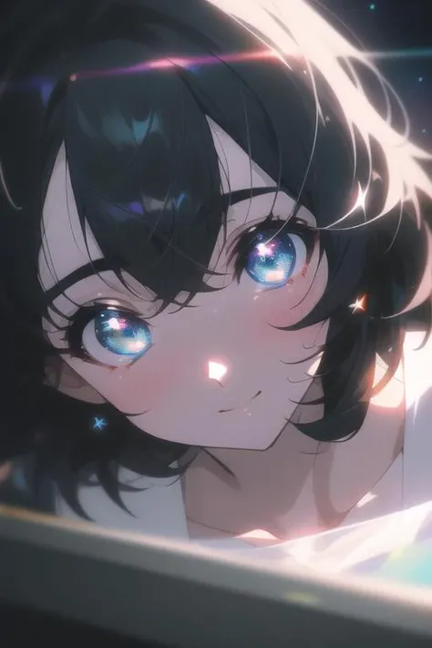 <lora:beautifulDetailedEyes_v10:0.7>, (masterpiece, best quality), hyperdetailed, absurdres, clean lines, kyoto_animation, cinematic lighting, blush, looking at viewer, medium_hair, (black_hair:1.2), thin hair clip, blue colorshift eyes, expressive eyes, collarbone, smile, night, stars, close up