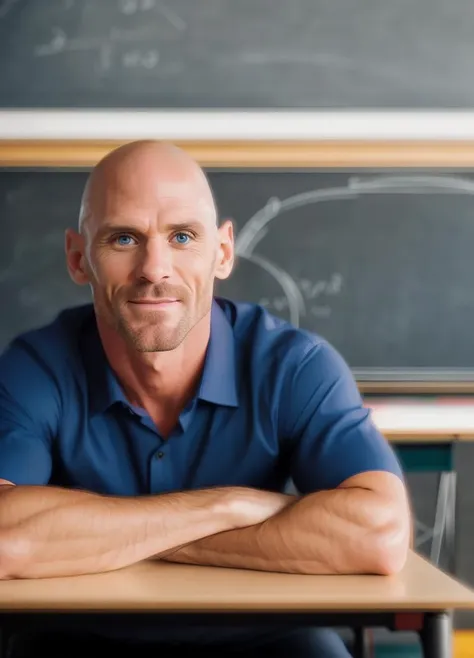 RAW photo, photo of JohSin, as a(Teacher:1.3), classroom, blackboard, 8k uhd, dslr, high quality, film grain, Fujifilm XT3