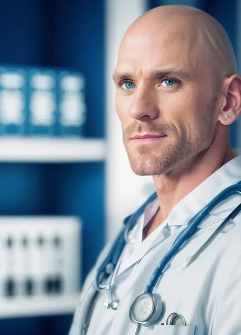 RAW photo, photo of JohSin, as a (doctor:1.3), white labcoat, stethoscope, 8k uhd, dslr, high quality, film grain, Fujifilm XT3