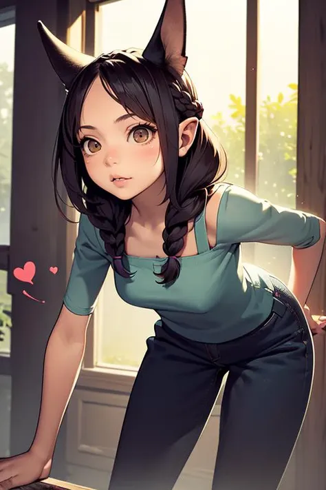 (masterpiece, best quality), 1girl, 23 years old, Taut, egyptian, Brown eyes, Unlobed Ears, Long Nose, Pointed Chin with Cleft, Narrow Jaw, Uneven Cheeks, Heart face shape with Pointed Chin, Bblonde, mountai, rainbow, beautiful sunlight, braid hair, Trust wearing Culottes, Green Eyelet Sheer blouse, and Clothes brush, Leaning forward with curiosity