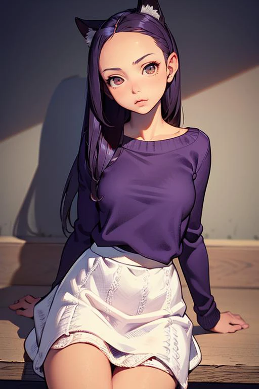 (masterpiece, best quality), 1girl, Adolescence, Lean, Amazzonian, Hazel eyes, Lobed Ears, Pointed Chin, High Cheekbones, Widows Peak Forehead, intense purple Long and straight hair, Surprise wearing Brocade , Indigo skirt, Crochet sweater, Head tilted to the side, indicating thoughtfulness