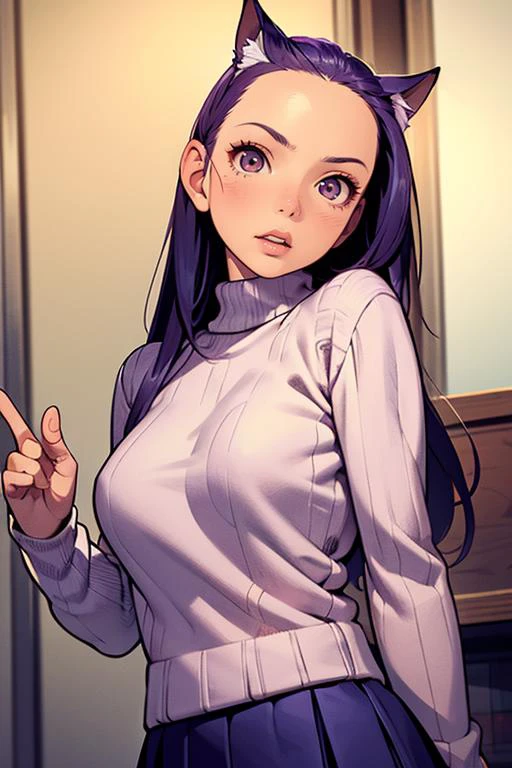 (masterpiece, best quality), 1girl, Adolescence, Lean, Amazzonian, Hazel eyes, Lobed Ears, Pointed Chin, High Cheekbones, Widows Peak Forehead, intense purple Long and straight hair, Surprise wearing Brocade , Indigo skirt, Crochet sweater, Head tilted to the side, indicating thoughtfulness