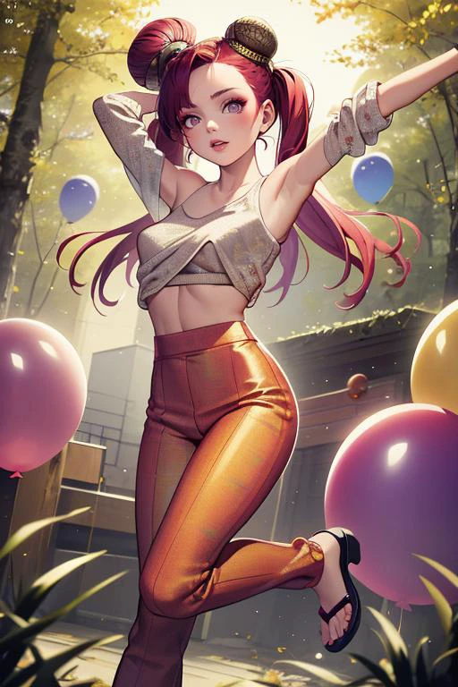 (masterpiece, best quality), 1girl, 20 years old, skinny, Berber, Violet eyes, forest or autumnmakeup , iridiscent scarlet red Space buns hair, Gratitude wearing Wrap-style pants, Brocade MustardYellow Tweed Balloon sleeve blouse, Slides, , and and, Arms raised in victory or celebration
