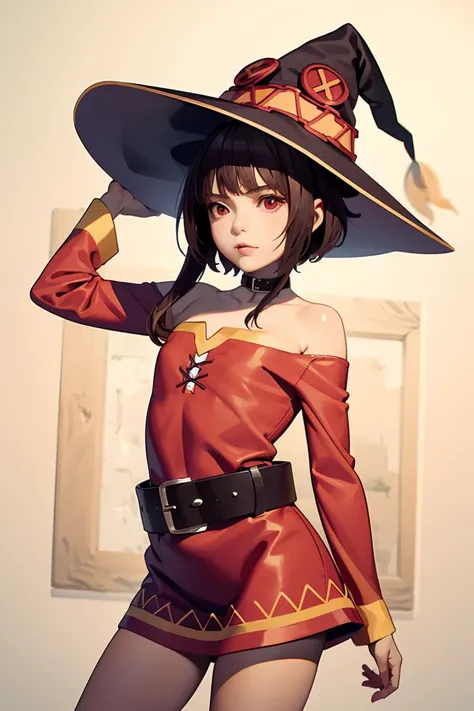(masterpiece, best quality), 1girl, <lora:megumin:1> megumin, short hair, dress, red dress, hat, witch hat, belt