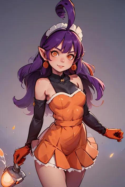 (masterpiece, best quality), 1girl,   <lora:Stardust_Pumpkins_Citron_OC_Anime:1> Stardust_Pumpkins_Citron_OC, 1girl, solo, long purple hair,  orange eyes, ahoge, pointy ears, orange dress, elbow gloves, bare shoulders, maid headdress, jewelry, earrings