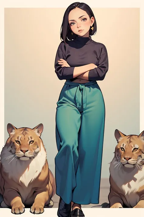 (masterpiece, best quality), 1girl,female Aging gracefully, Brawny, African, Steel gray eyes, Round Ears, Narrow Nose,    Flat Forehead,    , Light Chestnut Straight haircut hair, Boredom wearing Geometric  Turquoise  Barkcloth Flared jumpsuit, Ombre  Silk  Dark yellow Cropped sweater, Loafers, ,  and and, Arms crossed, displaying assertiveness