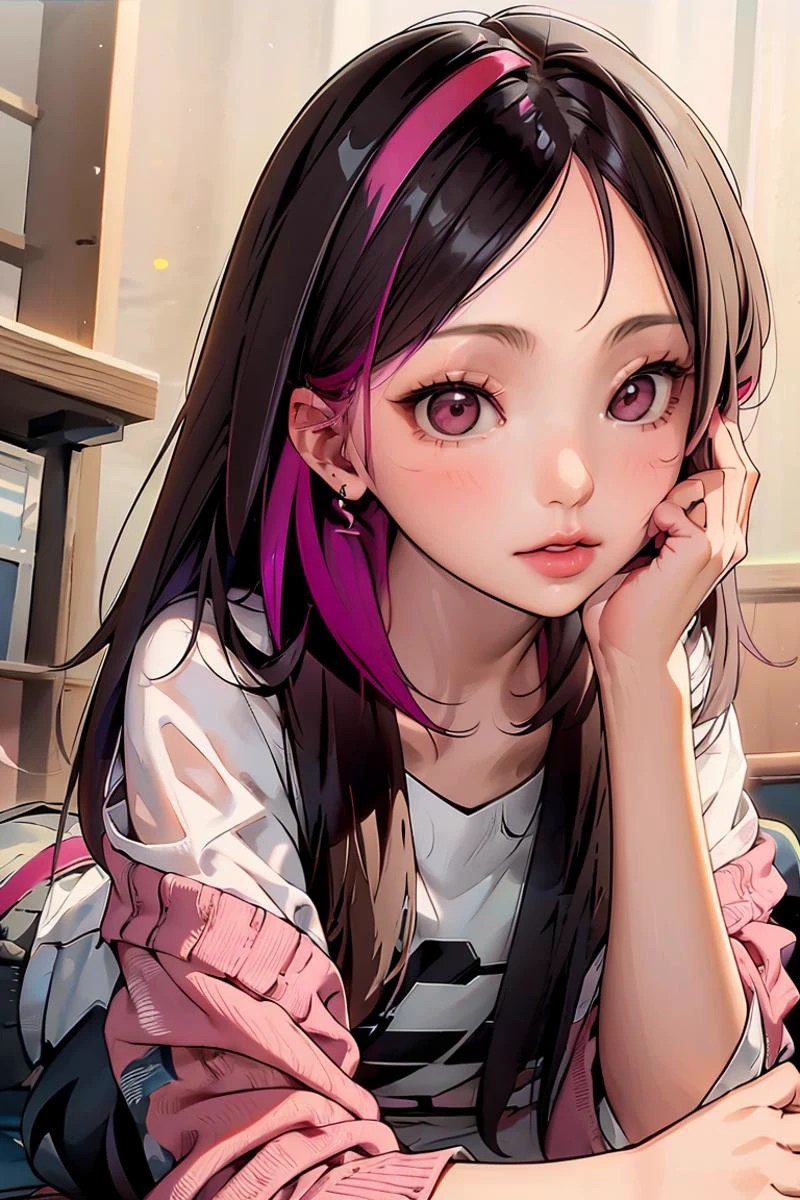 (masterpiece, best quality), 1girl, <lora:pink_highlight_v11:1> phlg, black hair, pink highlight