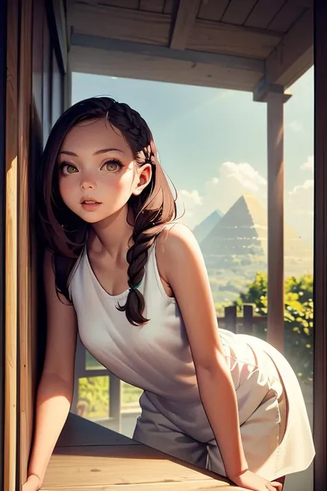 (masterpiece, best quality), 1girl, 23 years old, Taut, egyptian, Brown eyes, Unlobed Ears, Long Nose, Pointed Chin with Cleft, Narrow Jaw, Uneven Cheeks,  Heart face shape with Pointed Chin, Bblonde, mountai, rainbow, beautiful sunlight, braid hair, Trust wearing  Culottes, Green  Eyelet Sheer blouse, and Clothes brush, Leaning forward with curiosity