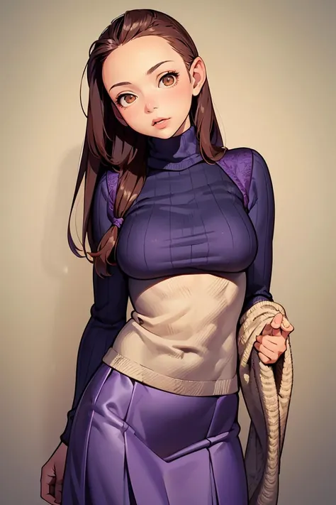 (masterpiece, best quality), 1girl,female Adolescence, Lean, African, Chestnut eyes, Lobed Ears, Pointed Chin, High Cheekbones, Widows Peak Forehead, , Ginger Long and straight hair, Surprise wearing Brocade Indigo High-low skirt, Crochet sweater, , , and and and, Head tilted to the side, indicating thoughtfulness