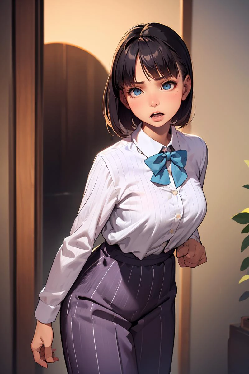 (masterpiece, best quality), 1girl,female Aging gracefully, Supple, South Asian, Light blue eyes, Hawk-like Nose, Narrow Chin, Underbite Jaw, Rectangular face shape, , Mahogany Blunt bangs hair, Frown wearing Pinstripe Lilac Pleated culottes, Bow tie blouse, Mules, , and, Hands on cheeks, displaying surprise