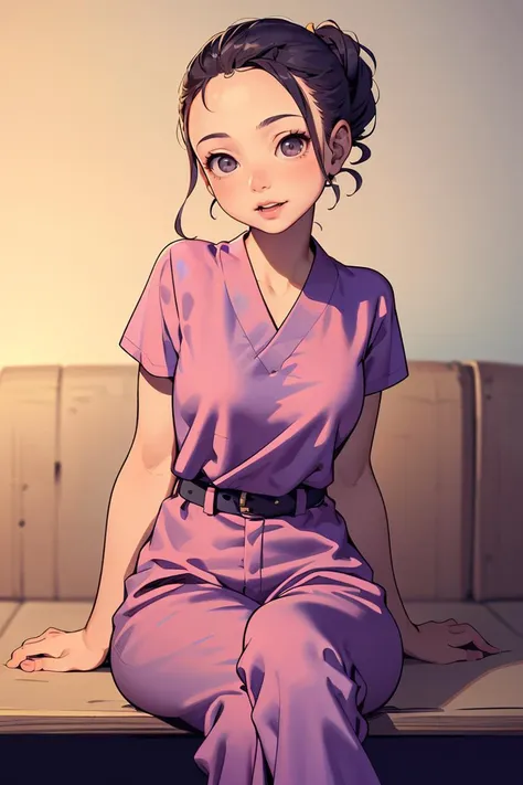 (masterpiece, best quality), 1girl,female Legal age, Broad, Pacific Islander, Gray eyes,  Short Nose,  Narrow Jaw,  Curved Forehead,   High cheekbones, Purple Chignon hair, Happiness wearing Damask Wide-leg jumpsuit with belt, Tangerine Tie-dye t-shirt, , , , Sitting with legs crossed and hands on lap, appearing composed and attentive