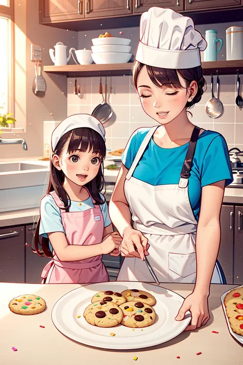 A mother and her two children are baking cookies in a kitchen. They are wearing aprons and chef hats,and they have flour and dough on their hands and faces. They are having fun as they roll out the dough,cut out shapes,and decorate the cookies with icing and sprinkles. The kitchen is bright and clean,and there are various ingredients and utensils on the counter. The scene is lighthearted and wholesome.