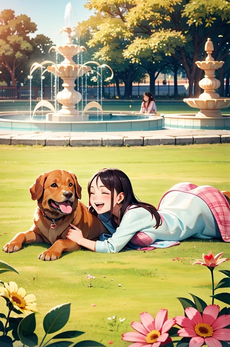A young couple is having a picnic in a park on a sunny day. They are sitting on a red and white checkered blanket and sharing a basket of sandwiches,fruits,and drinks. They are smiling and laughing as they enjoy each otherâs company. A friendly golden retriever is lying next to them,wagging its tail and waiting for a treat. The park is full of green trees and colorful flowers,and a fountain is spraying water in the background. The scene is lighthearted and wholesome.