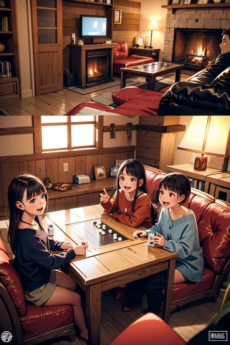 A group of three friends is playing a board game in a cozy living room. They are sitting on a couch and a coffee table,and each one has a different expression on their face. One is excited,one is nervous,and one is bored. The board game is a fantasy-themed adventure with dice,cards,and miniatures. There are snacks and drinks on the table,and a fireplace is crackling in the corner. The scene is lighthearted and wholesome.