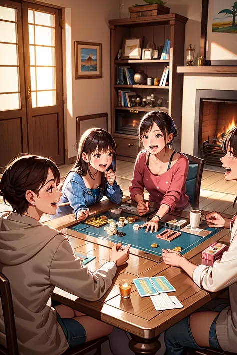 A group of three friends is playing a board game in a cozy living room. They are sitting on a couch and a coffee table,and each one has a different expression on their face. One is excited,one is nervous,and one is bored. The board game is a fantasy-themed adventure with dice,cards,and miniatures. There are snacks and drinks on the table,and a fireplace is crackling in the corner. The scene is lighthearted and wholesome.