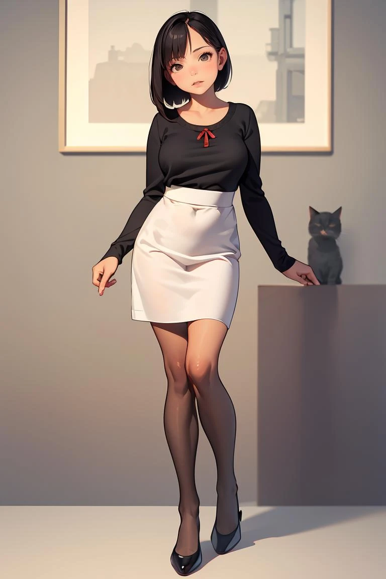 (masterpiece, best quality), 1girl,female r, Well-defined, Russian, Dark brown eyes, Elongated Ears, Protruding Chin with Cleft, Soft Jaw, Symmetrical Cheeks, , Light Black (Soft Black) Long Bob hair, Amusement wearing Striped Flannel Culotte skirt, Ruffle sleeve blouse, Kitten heels, , , Standing with weight shifted to one leg, suggesting ease