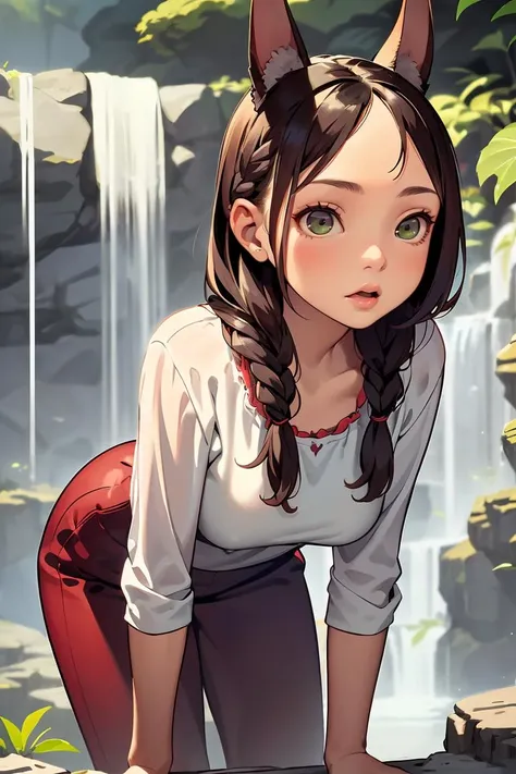 (masterpiece, best quality), 1girl,female Eighteen, Taut, East Asian, Brown eyes, Unlobed Ears, Long Nose, Pointed Chin with Cleft, Narrow Jaw, Uneven Cheeks,  Heart face shape with Pointed Chin,   , Brunette Waterfall braid hair, Trust wearing  Culottes, Green  Eyelet Sheer blouse, , ,  and andClothes brush , Leaning forward with curiosity