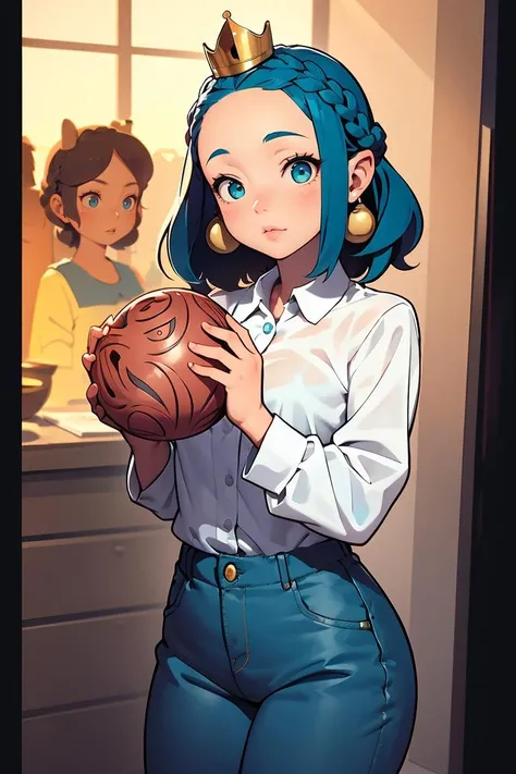 (masterpiece, best quality), 1girl,female Late twenties, Compact, Gypsies, Blue eyes, Unlobed Ears,  Unusual Chin,  Full Cheeks,  Square face shape with Round Forehead, Pronounced Glutes,  , Teal Crown braid hair, Confusion wearing  Ruffled hem pants, Terracotta  Damask Oversized button-down shirt, , ,  and, Hands holding an object delicately, showing care