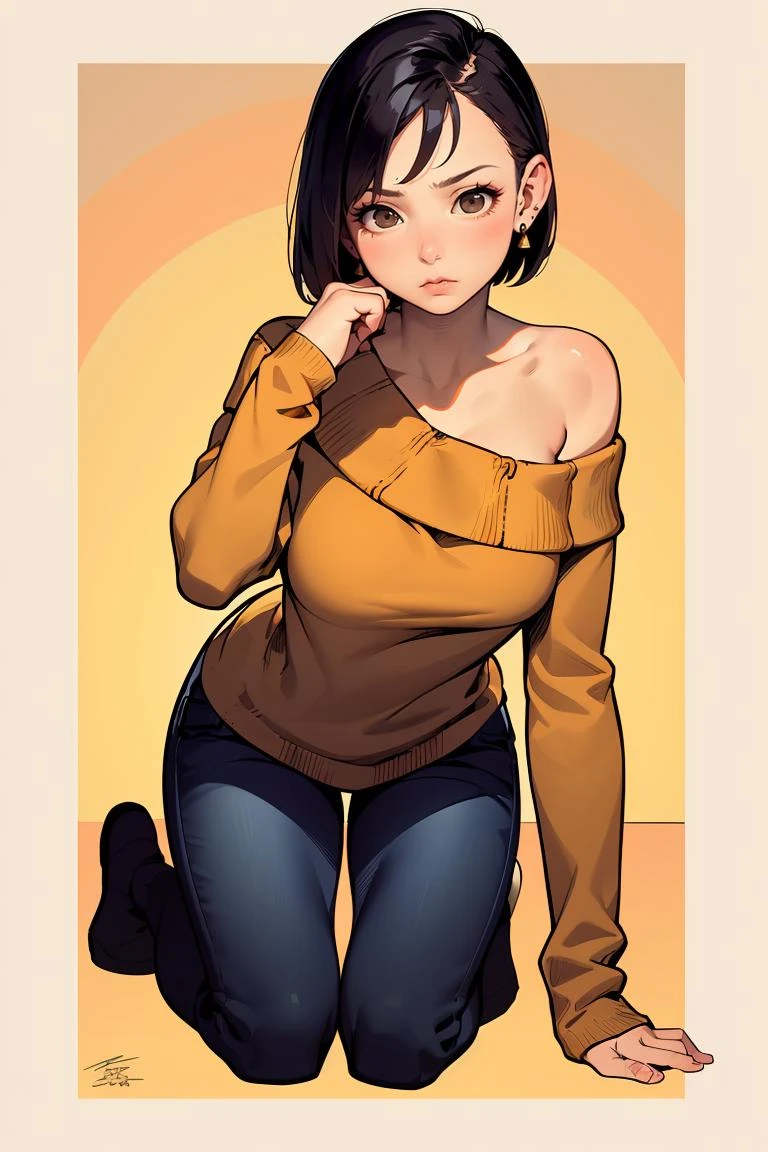 (masterpiece, best quality), 1girl,female Golden age, Broad-shouldered, Middle Easterner, Dark brown eyes, Stretched Ears, Crooked Nose, Receding Chin, Round Cheeks, Receding Forehead, , Tangerine Layered haircut hair, Puzzlement wearing Boyfriend jeans, Batik Blue Quatrefoil Puff shoulder sweater, , , and and, Kneeling, showing humility