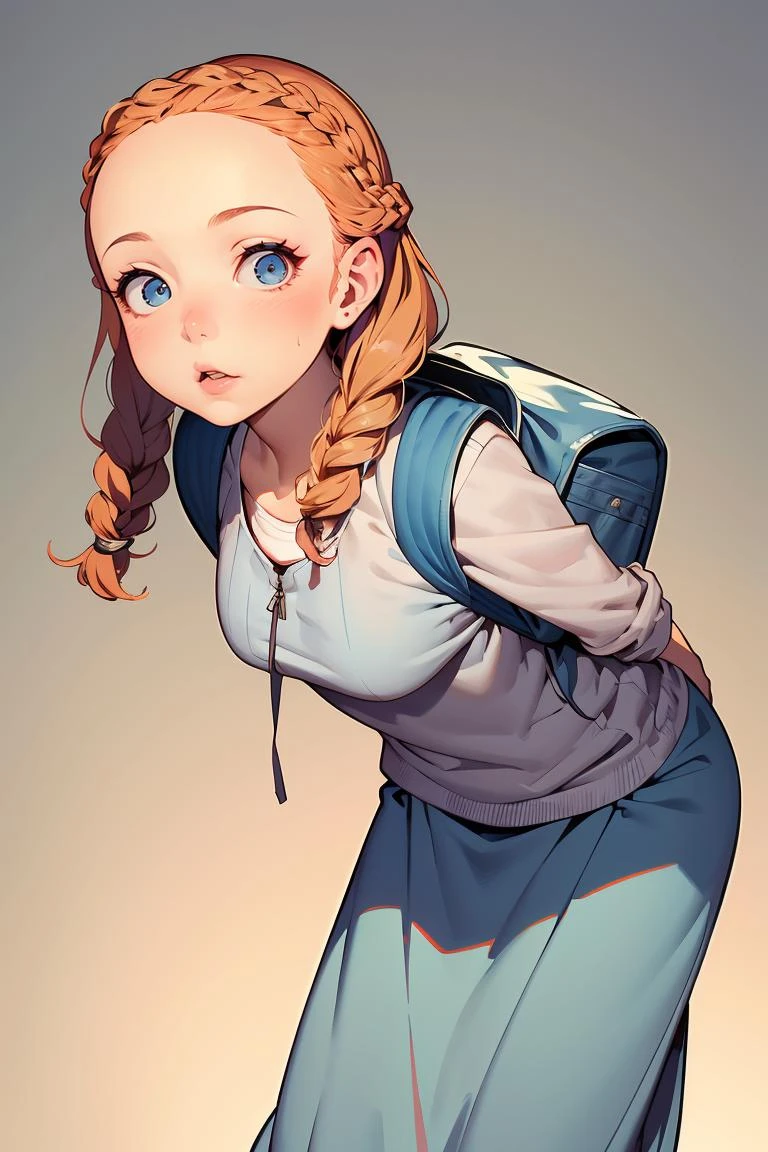 (masterpiece, best quality), 1girl,female Geriatric, Lanky, Berber, Blue eyes, Curled Ears, Round Chin with Cleft, Angular Jaw, Unique Cheeks, Unique Forehead, Graceful Posture, costume makeup , Ginger Dutch braid hair, Pride wearing Tiered maxi skirt, Sweatshirt, , , and andBackpack , Leaning forward with curiosity