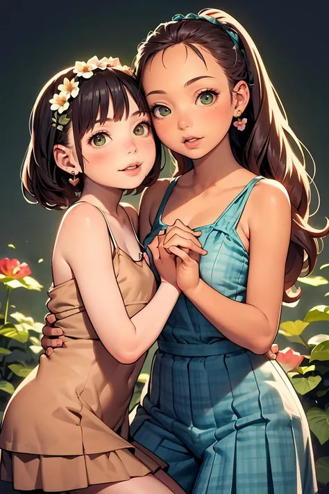 (masterpiece, best quality), 1girl,female Early twenties, Supple, Latin American, Dark green eyes, Attached Ears, Crooked Nose,  Blunt Jaw, Symmetrical Cheeks,  Oblong face shape,   , Copper High ponytail hair, Delight wearing  Wrap-front culottes, Gingham Pleated tunic, , Flower crown,  and andlip Piercings  and, Hands on heart, showing sincerity