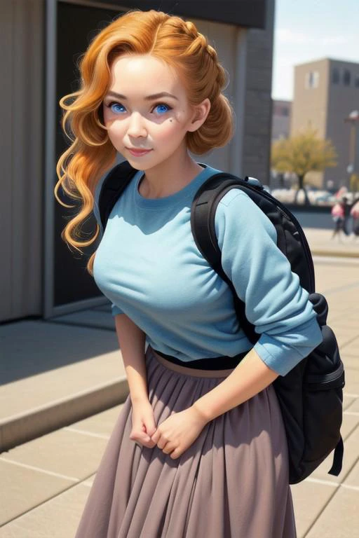 (masterpiece, best quality), 1girl,female Geriatric, Lanky, Berber, Blue eyes, Curled Ears, Round Chin with Cleft, Angular Jaw, Unique Cheeks, Unique Forehead, Graceful Posture, costume makeup , Ginger Dutch braid hair, Pride wearing Tiered maxi skirt, Sweatshirt, , , and andBackpack , Leaning forward with curiosity