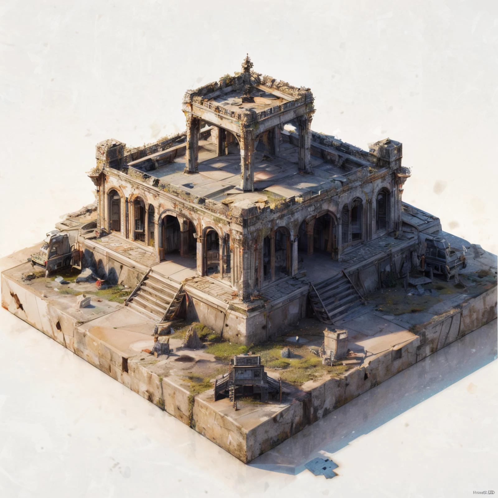 RAW photo, 8k uhd, Analog style, (Masterpiece, Best Quality, Highres:1.3), dramatic, cinematic, BREAK,
(Isometric perspective:1.4) (Pixar style:1.2) (3D model render:1.3) of little (intricate:1.2) (ancient elven beach ruins:1.3), (deck chair, stairs, (palms:1.2), cars, rocks, sand castle:1.1), (overgrown desert, sand, well, shovel:1.05), ((white background:1.1), solid background, global illumination, raytracing, modeling, HDR, octane render, unreal render, miniature:1.2), (hyperdetailed, absurdres:1.1), BREAK,
<lora:more_details:1.0>