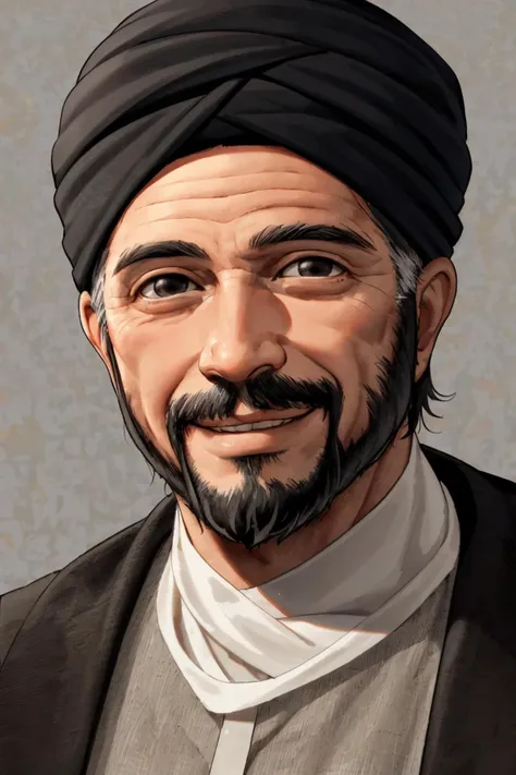 close-up photo portrait of a 60 yo aged Arab man, short grey hair, beard, black eyes, joyful face expression, turban, simple background