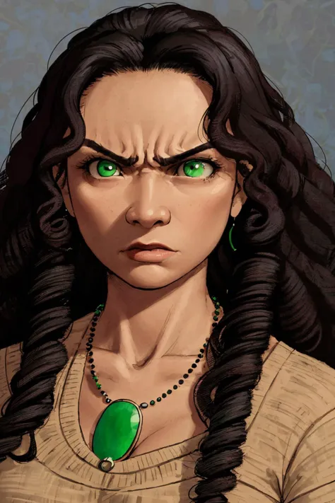 close-up photo portrait of a 40 yo samoan woman, black long curly hair, green eyes, angry face expression, necklace, simple background