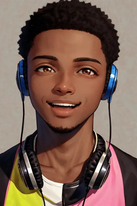 close-up photo portrait of a 25 yo young african man, black short african hair, stubble, brown eyes, excited face expression, headphones, simple background