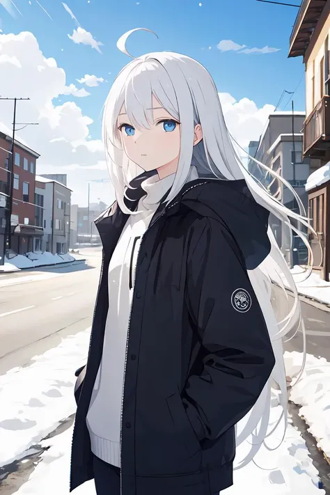 1girl, top half body, flat chest, looking at viewer, blue eyes, (absurdly long hair:1.2), white hair, ahoge, expressionless eyes, daytime, winter, outside, black and blue winter jacket, portrait of an anime person, aesthetic, wlop, trending on artstation, deviantart, anime key visual, 8k uhd, pale skin, half-closed eyes, snow clouds, looking at viewer, cold-attitude, hands in pockets, city, street