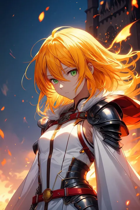 anime artwork masterpiece, best quality, flat chest, 1girl, small breasts, standing, upper body, green eyes, closed mouth, day, long sleeves, looking at viewer, outdoors, white coat, black and red mage robe, medium hair, expressionless eyes, solo, sunray streams, (yellow hair:1.2), nature, castle in background, anime style, key visual, vibrant, studio anime, highly detailed, <lora:GoodHands-vanilla:1>, cold attitude, half-closed eyes, <lora:add_detail:1>, colorful, vibrant, bokeh, <lora:r1ge - AnimeRage:0.3>, hair between the eyes, fire particles, magic, light particles, dust particles, leather belt, glow, bare shoulders, heavy armored, ahoge, bodysuit, (long hair:0.8)