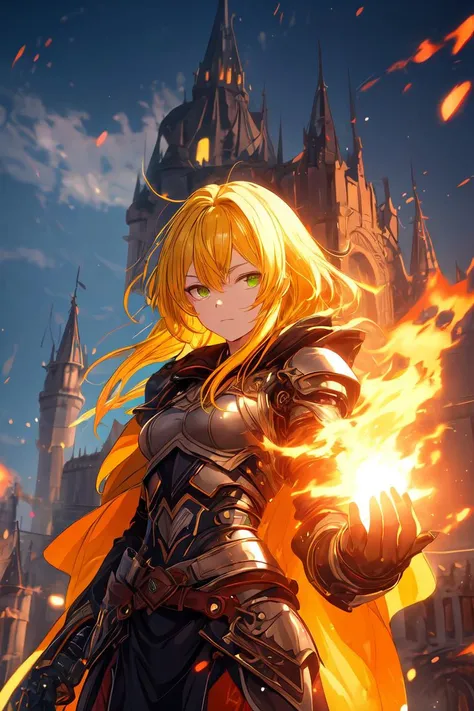 anime artwork masterpiece, best quality, 1girl, small breasts, standing, upper body, green eyes, closed mouth, day, long sleeves, looking at viewer, outdoors, black and yellow mage robe, medium hair, expressionless eyes, solo, (yellow hair:1.2), nature, castle in background, anime style, key visual, vibrant, studio anime, highly detailed, <lora:GoodHands-vanilla:1>, cold attitude, half-closed eyes,  <lora:add_detail:1>, colorful, vibrant, bokeh,  <lora:r1ge - AnimeRage:0.3>, hair between the eyes, fire particles, magic, light particles, dust particles, leather belt, glow, bare shoulders, heavy armored, ahoge, futuristic, cybernetic, red runes, long sidelocks, medium hair
