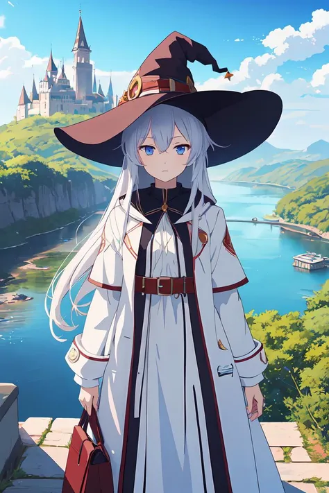 anime artwork masterpiece, best quality, flat chest, 1girl, flat chest, brown leather belt, standing, upper body, blue eyes, closed mouth, day, long sleeves, looking at viewer, outdoors, white coat, blue mage dress, absurdly long hair, expressionless eyes, solo, sunray streams, white hair, bridge, river, nature, castle in background, anime style, key visual, vibrant, studio anime, highly detailed, <lora:GoodHands-vanilla:1>, witch hat, cold attitude, half-closed eyes