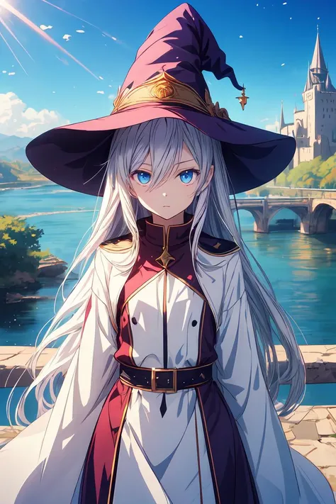 anime artwork masterpiece, best quality, flat chest, 1girl, flat chest, brown leather belt, standing, upper body, blue eyes, closed mouth, day, long sleeves, looking at viewer, outdoors, white coat, blue mage dress, (absurdly long hair:1.2), expressionless eyes, solo, sunray streams, white hair, bridge, river, nature, castle in background, anime style, key visual, vibrant, studio anime, highly detailed, <lora:GoodHands-vanilla:1>, witch hat, cold attitude, half-closed eyes, <lora:add_detail:1>, colorful, vibrant, bokeh, <lora:r1ge - AnimeRage:0.3>, hair between the eyes