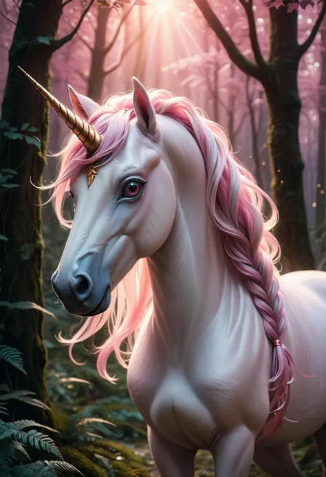 (medium full shot) of (serene delicate unicorn), light brown eyes, pastel pink bioluminescent coat, long horn, braided mane, silver hoofs flowing ribbons, set in a vibrant enchanted forest, featuring bright foliage, magical creatures, a lively ambiance, during a sunset, ,Masterpiece,best quality, raw photo, realistic, very aesthetic