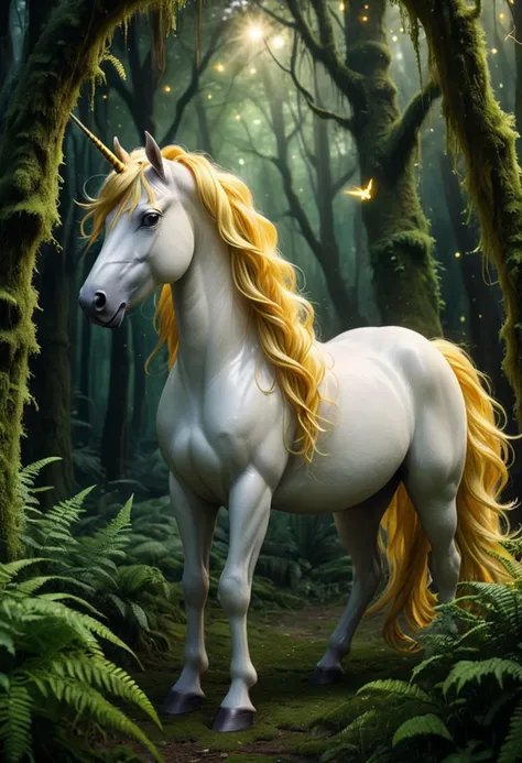 (medium full shot) of (enchanting graceful unicorn), olive green eyes, golden yellow sparkling coat, straight horn, braided mane, ethereal glow, set in Enchanted Grove, Moonlit clearing surrounded by towering ancient trees, thick undergrowth of ferns and moss, fireflies dancing in the air, a gentle breeze rustling through the leaves, at dawn, ,Masterpiece,best quality, raw photo, realistic, very aesthetic