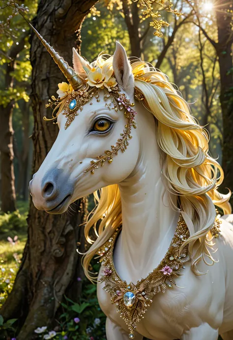 (medium full shot) of (serene slender unicorn), light yellow eyes, sunlit gold sparkling coat, jeweled horn, flowing mane, jeweled collar, set in a whimsical forest, where every tree has a unique shape and color, the air is filled with the sweet scent of blooming flowers, at dawn, ,Masterpiece,best quality, photo, realistic, very aesthetic