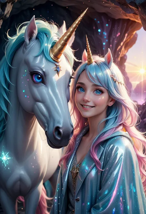 (medium full shot) of (pure delicate unicorn), rainbow eyes, sky blue sparkling coat, short horn, silky mane, magical rune markings ethereal glow, set in a sparkling crystal cave, with glittering gems, reflective walls, a magical atmosphere, during a sunset, woman smiling, ,Masterpiece,best quality, raw photo, realistic, very aesthetic