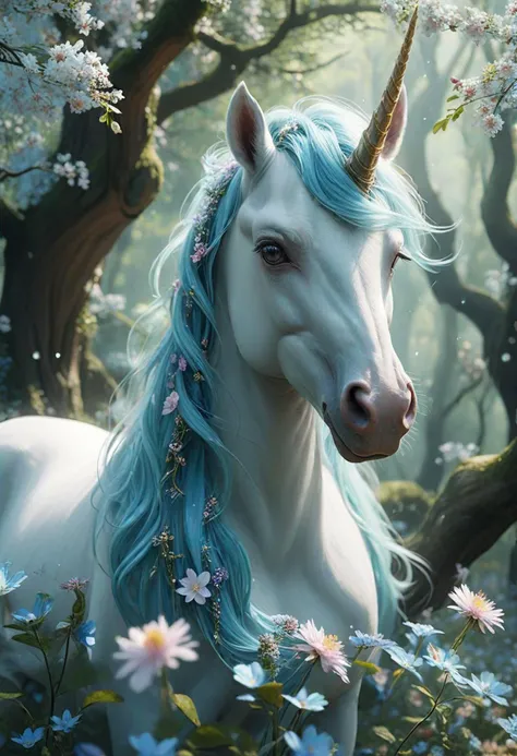 (medium full shot) of (ethereal winged unicorn), heterochromia eyes, sky blue sparkling coat, long horn, glittering mane, flowing ribbons delicate flowers, set in a serene magical grove, with ancient trees, whispering leaves, a peaceful ambiance, ,Masterpiece,best quality, photo, realistic, very aesthetic